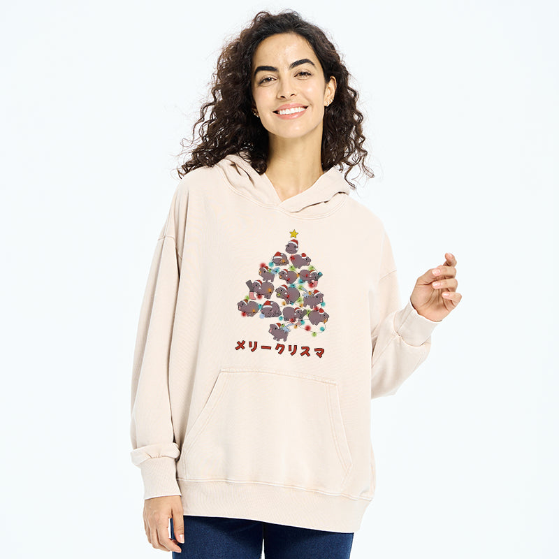 Moo Deng Christmas Tree Japanese Washed Hoodie