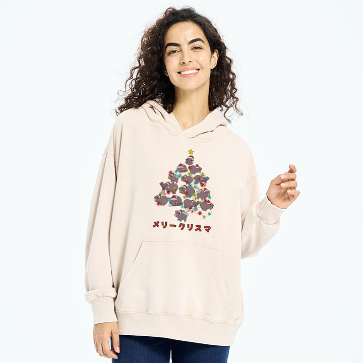 Moo Deng Christmas Tree Japanese Washed Hoodie