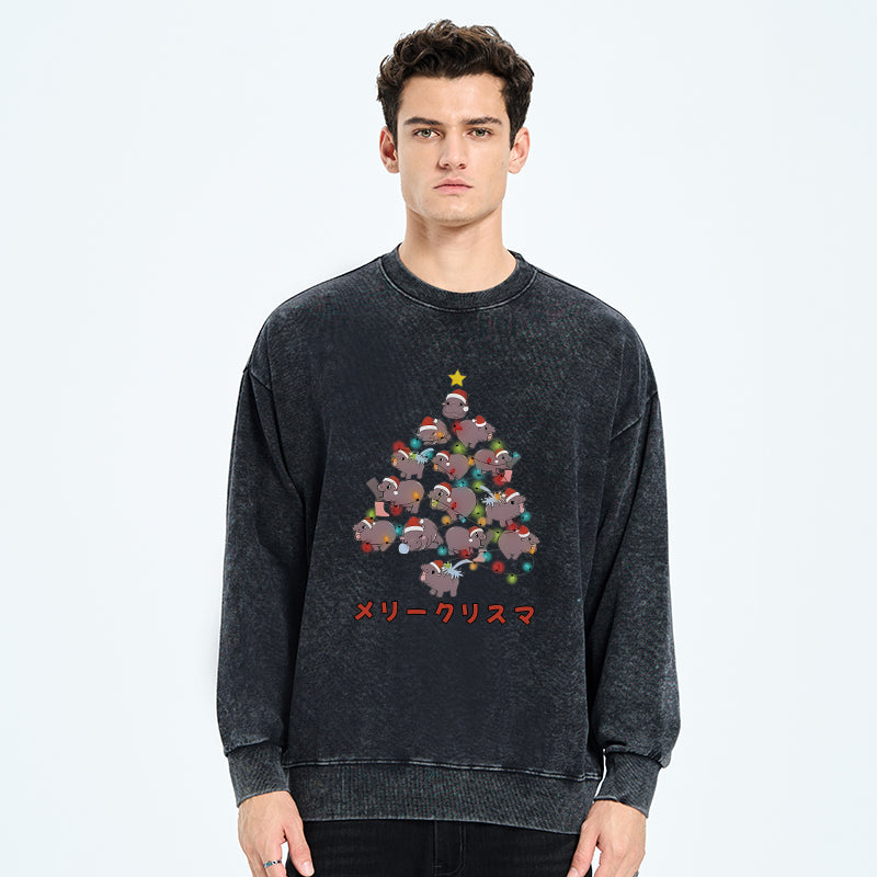 Moo Deng Christmas Tree Japanese Washed Sweatshirt
