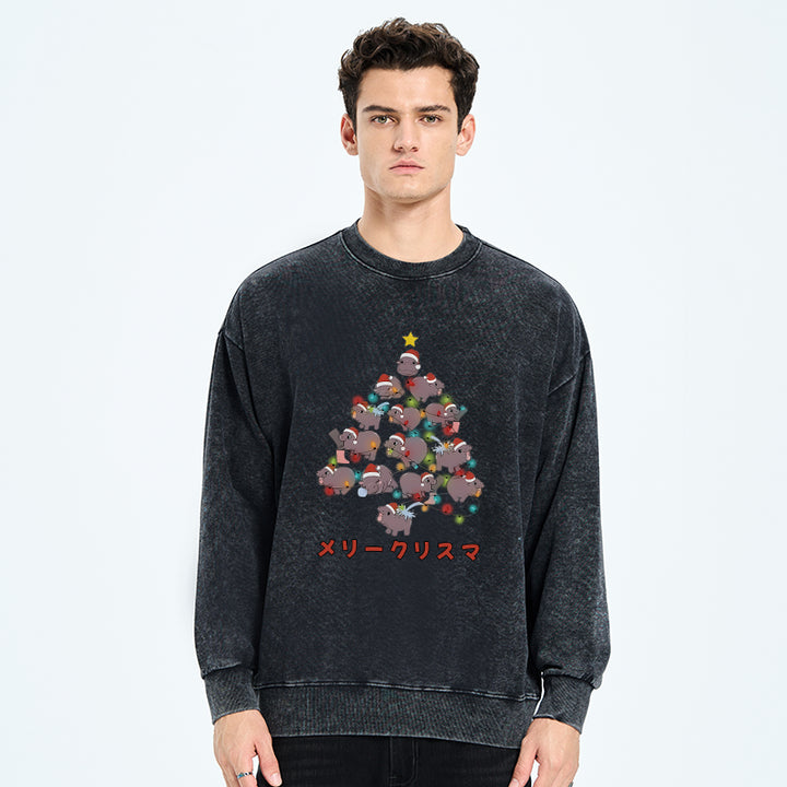 Moo Deng Christmas Tree Japanese Washed Sweatshirt