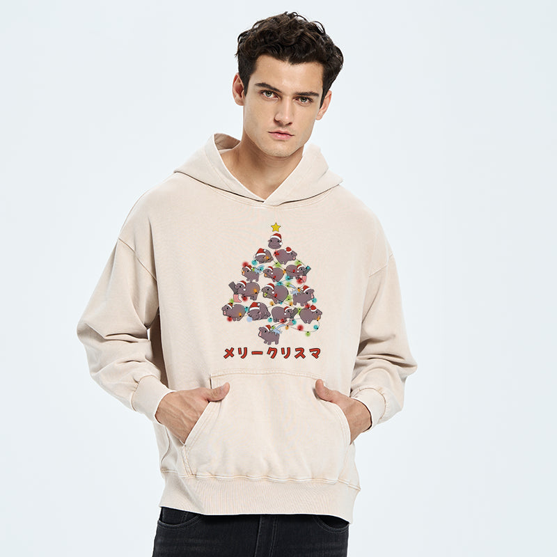 Moo Deng Christmas Tree Japanese Washed Hoodie
