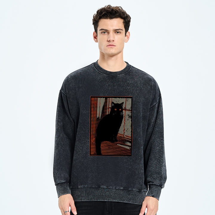 Mysterious Black Cat Washed Sweatshirt