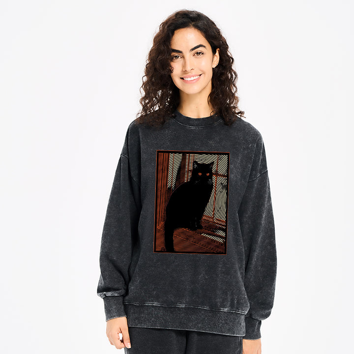 Mysterious Black Cat Washed Sweatshirt