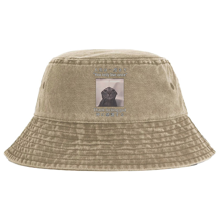 Funny Melancholy Cat Washed Bucket Hat