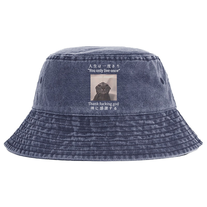Funny Melancholy Cat Washed Bucket Hat