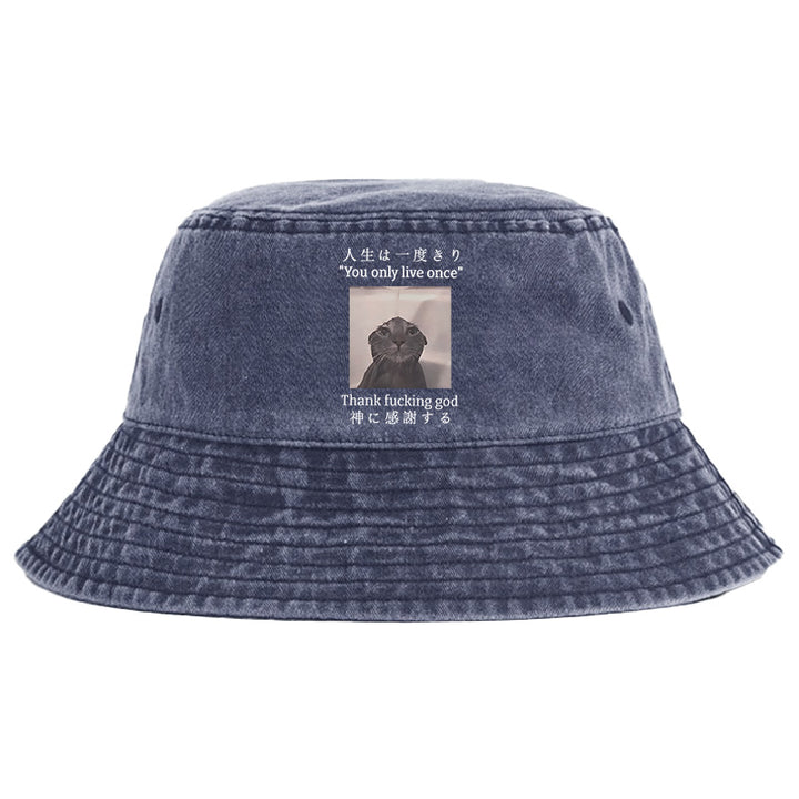 Funny Melancholy Cat Washed Bucket Hat