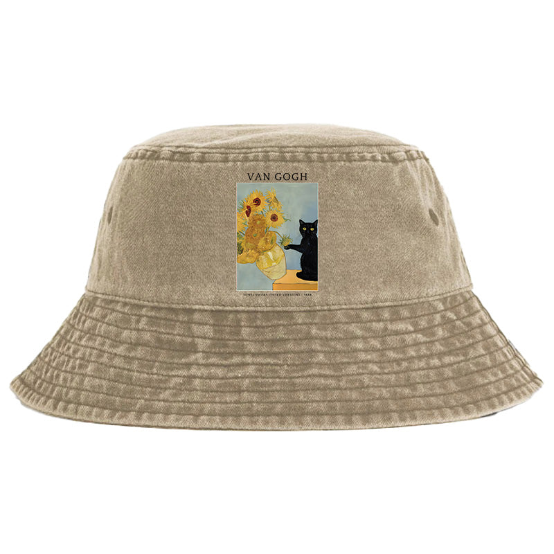 Black Cat With Sunflowers Washed Bucket Hat