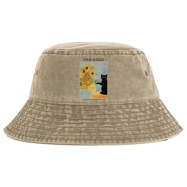 Black Cat With Sunflowers Washed Bucket Hat