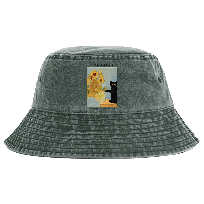 Black Cat With Sunflowers Washed Bucket Hat