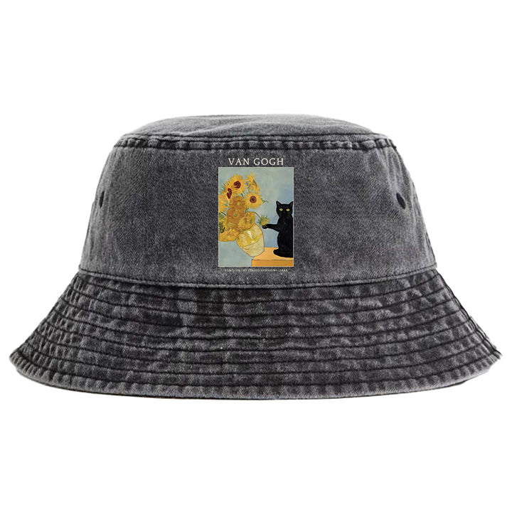Black Cat With Sunflowers Washed Bucket Hat