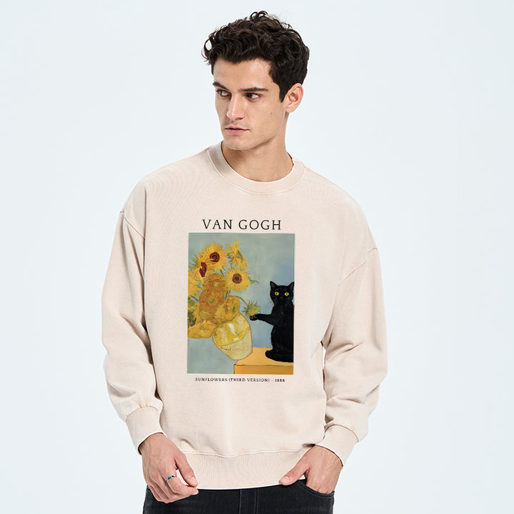 Black Cat With Sunflowers Washed Sweatshirt