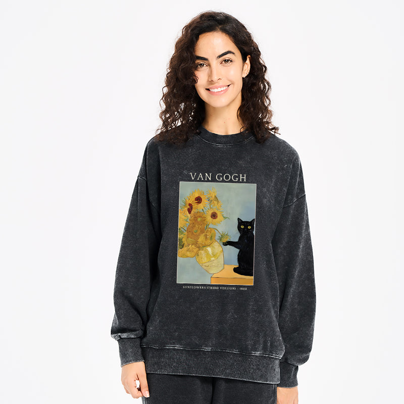 Black Cat With Sunflowers Washed Sweatshirt