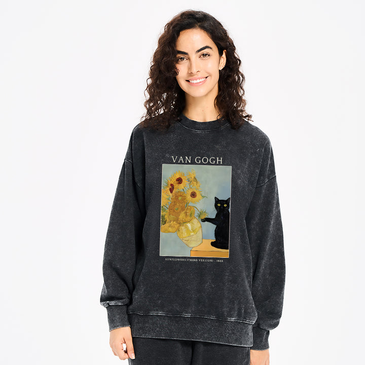 Black Cat With Sunflowers Washed Sweatshirt