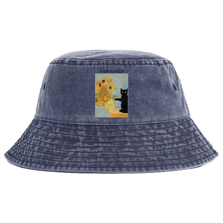 Black Cat With Sunflowers Washed Bucket Hat
