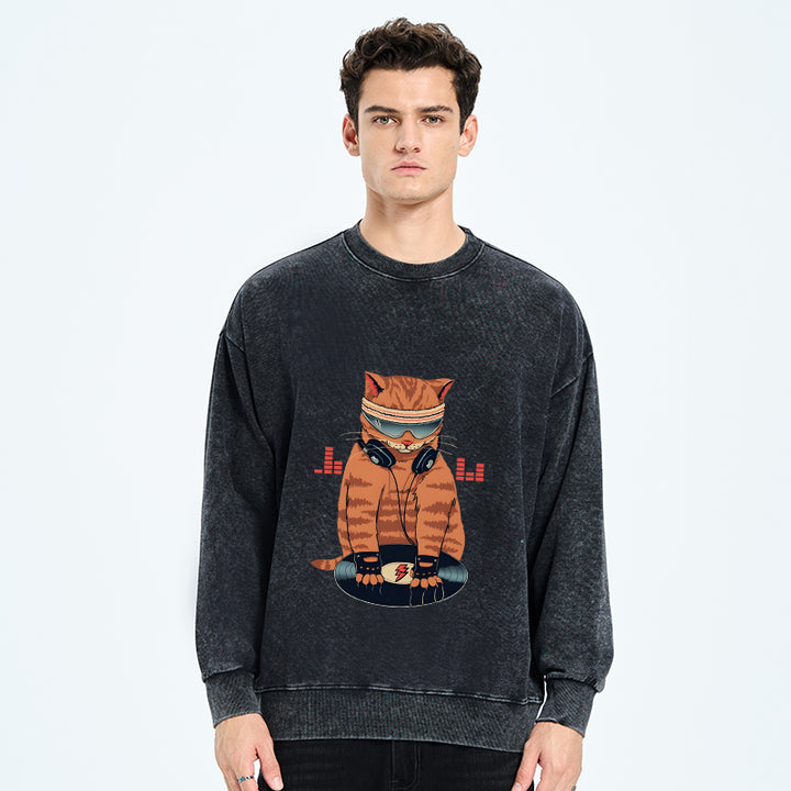 Funny Cat DJ Washed Sweatshirt