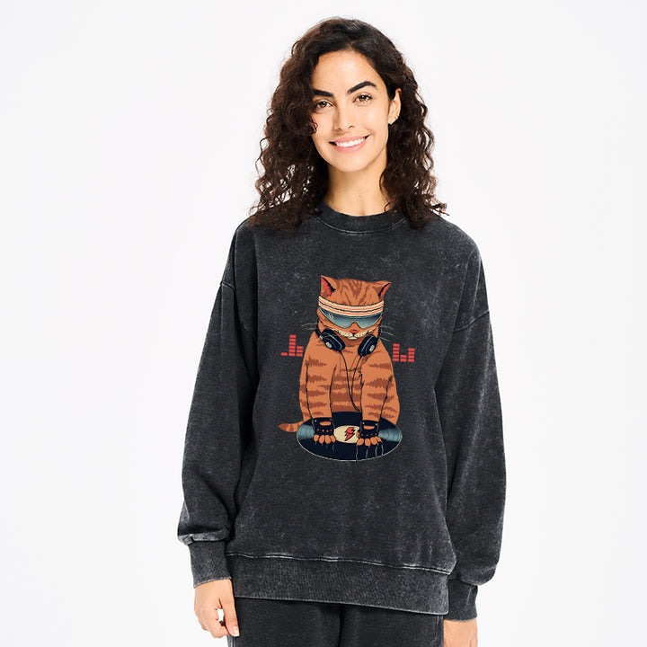 Funny Cat DJ Washed Sweatshirt
