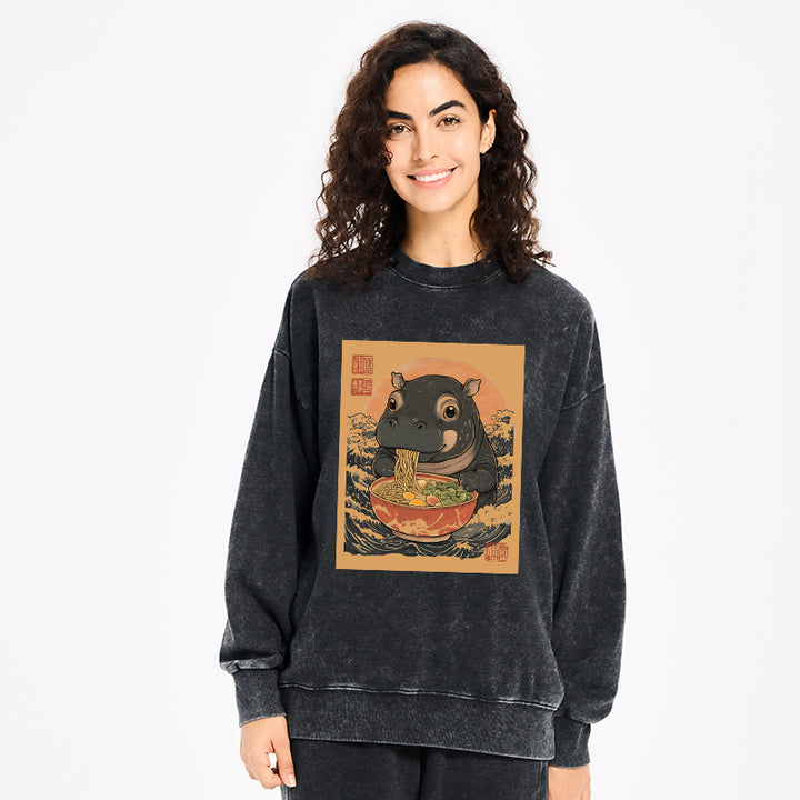 Moo Deng Eat Ramen Washed Sweatshirt