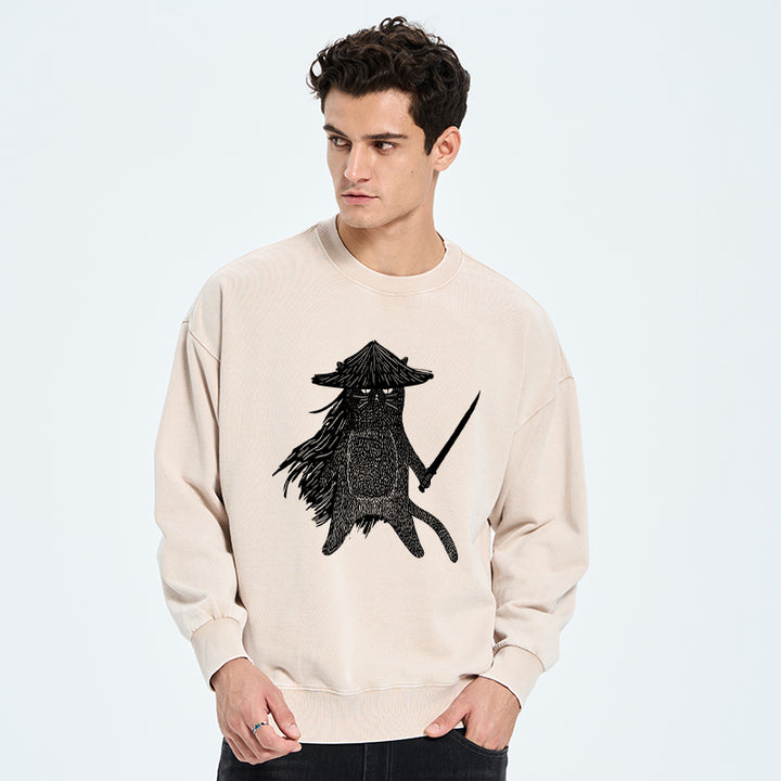 Japanese Samurai Cat Washed Sweatshirt