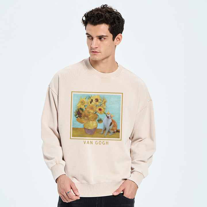 Naughty Cat Biting Sunflower Washed Sweatshirt