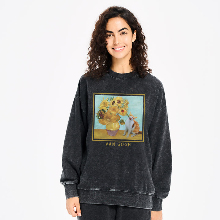 Naughty Cat Biting Sunflower Washed Sweatshirt