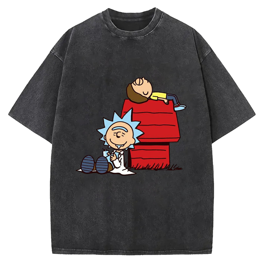 Funny Cartoon Washed Crew Neck T-Shirt