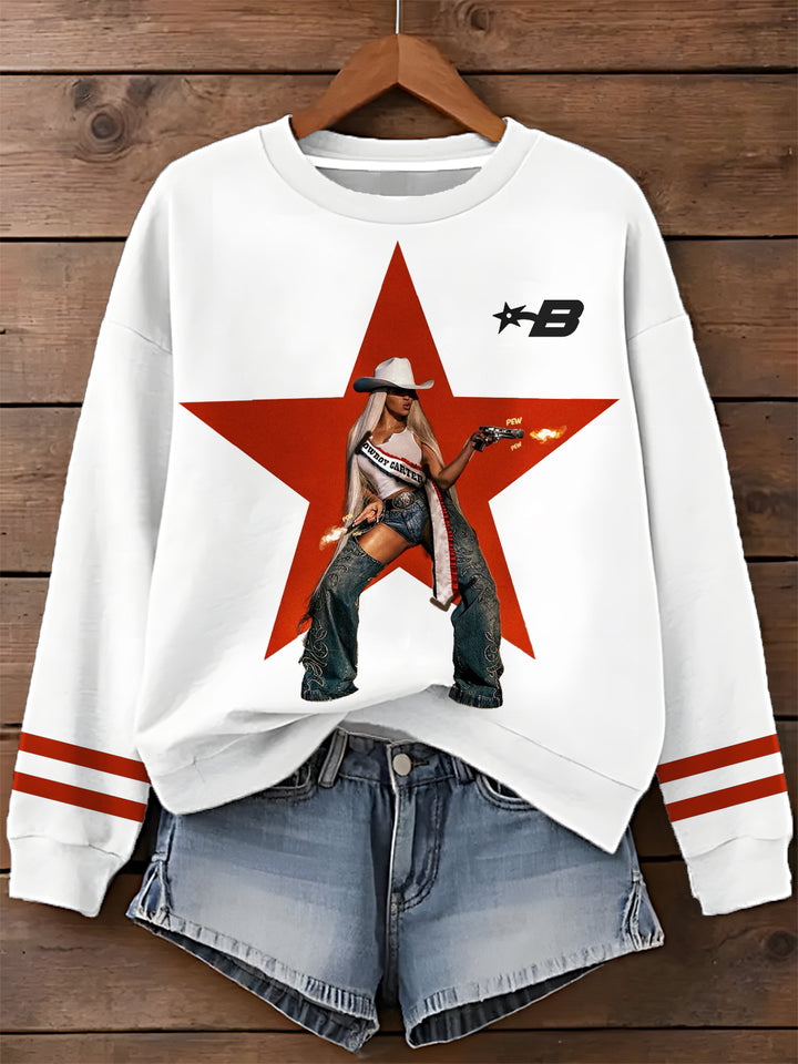 Beyonce Star Design Printed Long Sleeve Casual Top