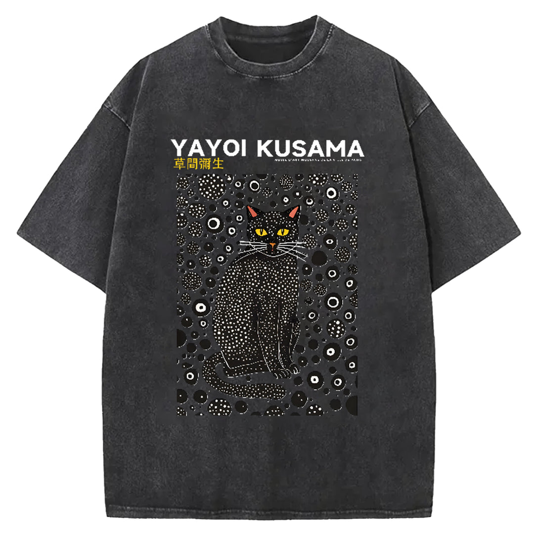 Yayoi Kusama Cat Vintage Japanese Design Washed Crew Neck T-Shirt