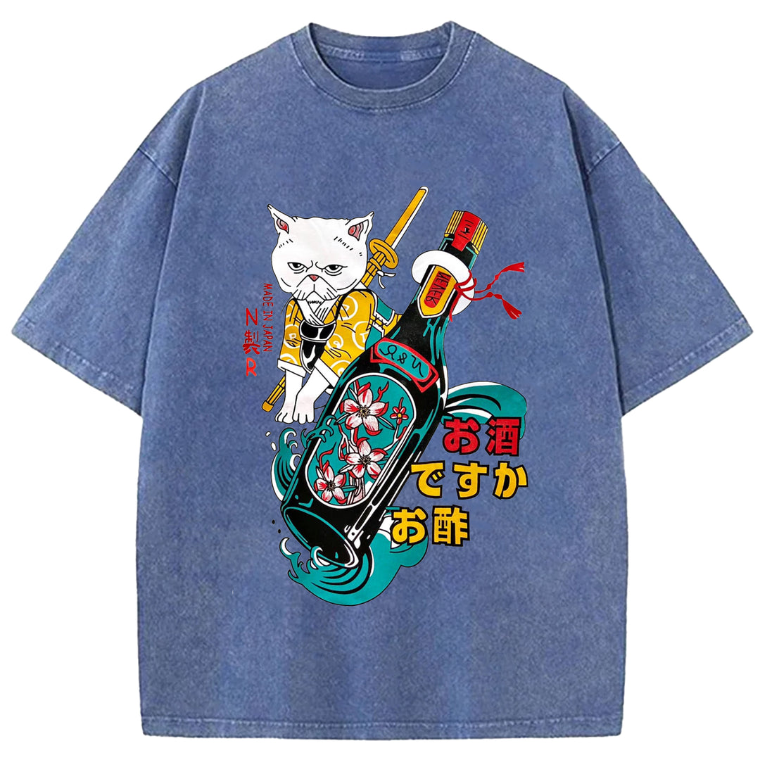Japanese Cat and Sakura Wine Crew Neck Washed T-Shirt