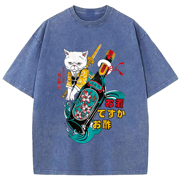 Japanese Cat and Sakura Wine Crew Neck Washed T-Shirt