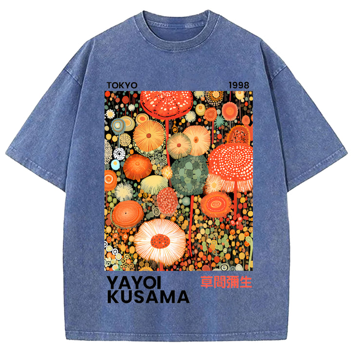 Yayoi Kusama Flower Vintage Design Washed Crew Neck T-Shirt