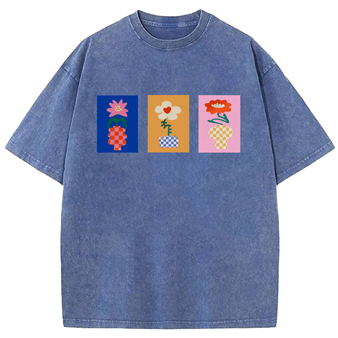 Vintage Flowers Design Washed Crew Neck T-Shirt