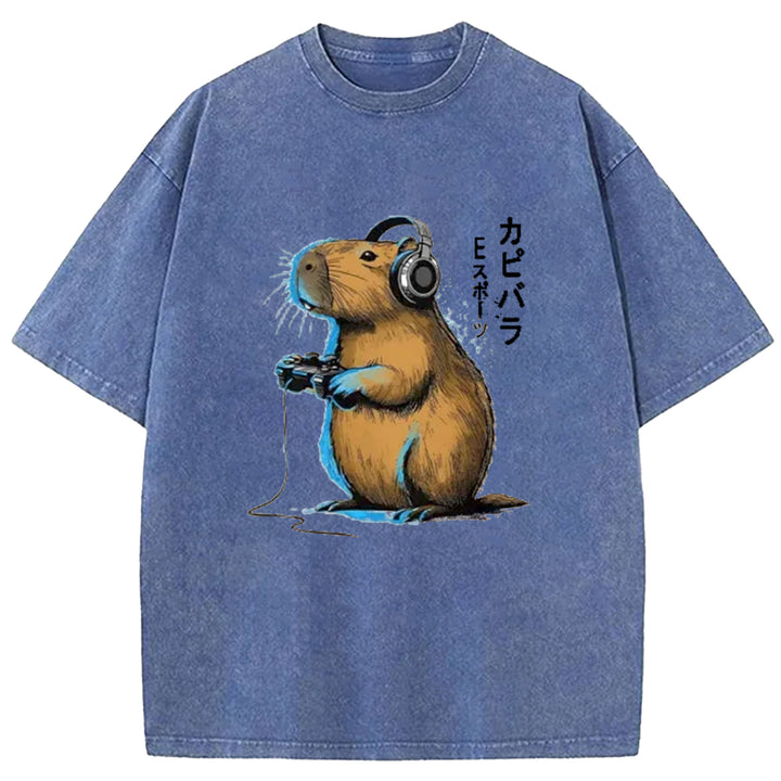 Capybara Video Games Lover Washed Crew Neck T-Shirt