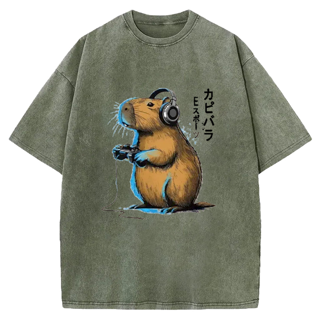 Capybara Video Games Lover Washed Crew Neck T-Shirt