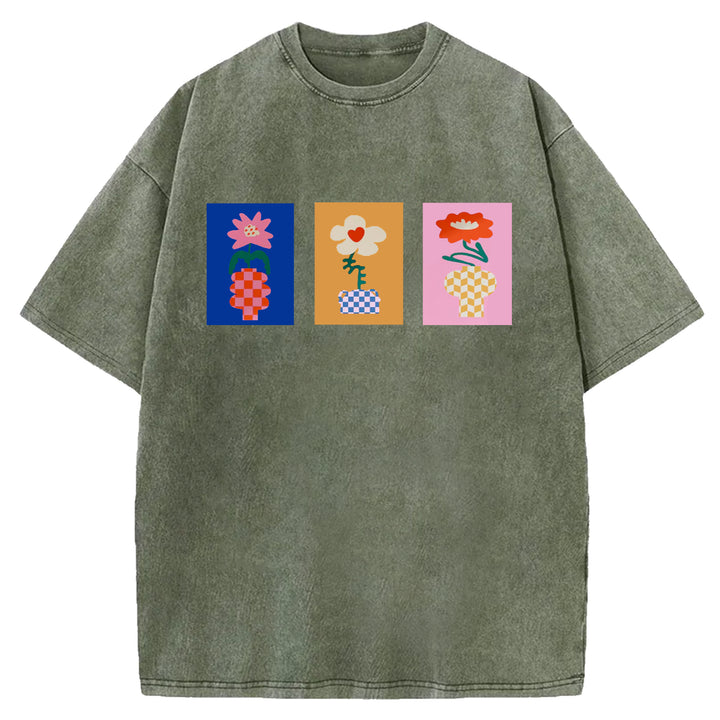 Vintage Flowers Design Washed Crew Neck T-Shirt