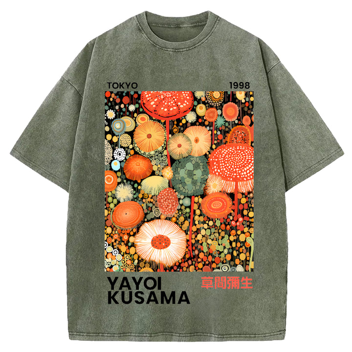 Yayoi Kusama Flower Vintage Design Washed Crew Neck T-Shirt