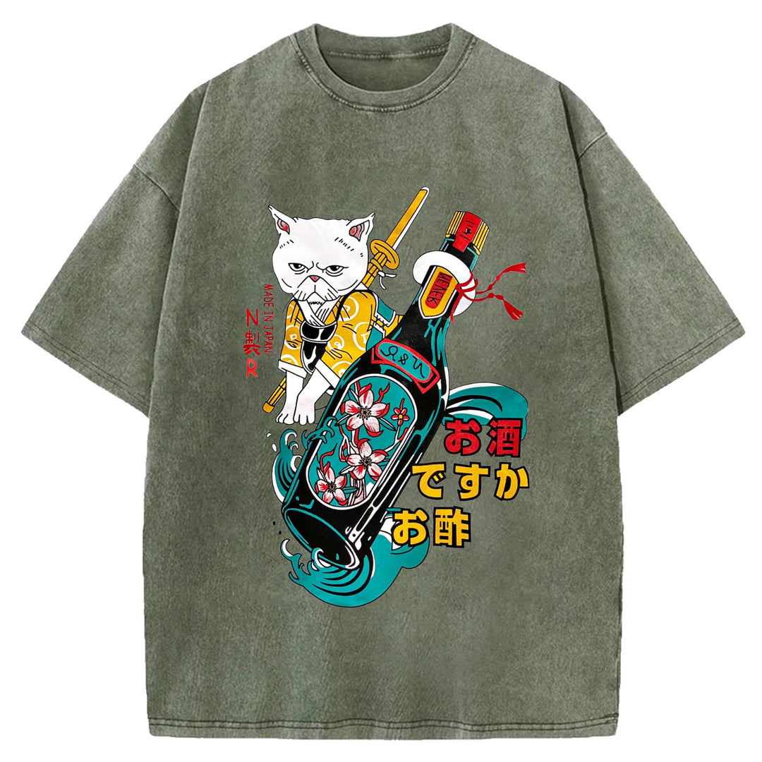 Japanese Cat and Sakura Wine Crew Neck Washed T-Shirt