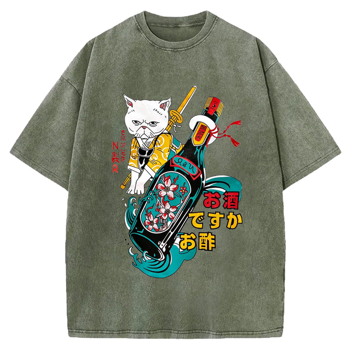 Japanese Cat and Sakura Wine Crew Neck Washed T-Shirt