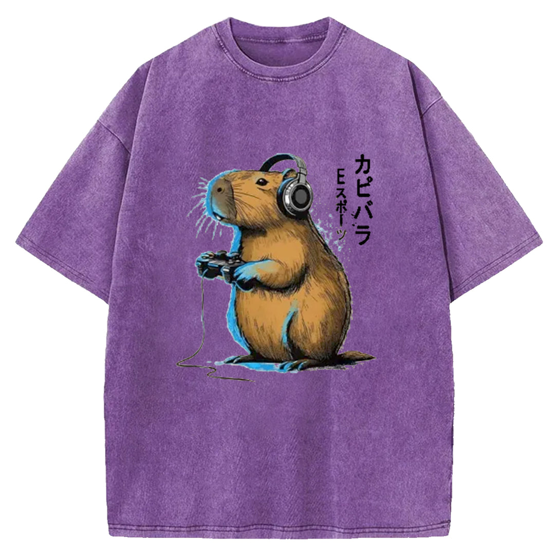 Capybara Video Games Lover Washed Crew Neck T-Shirt