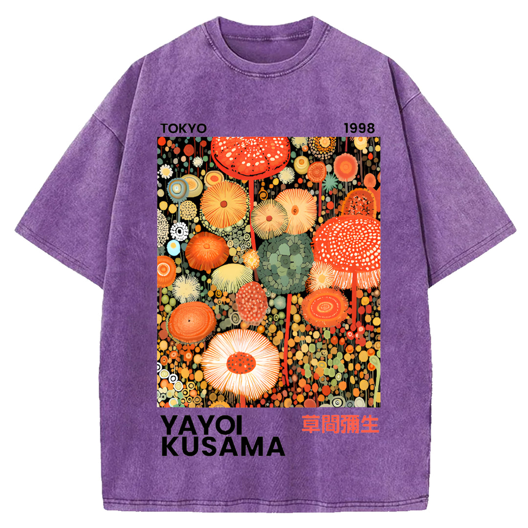 Yayoi Kusama Flower Vintage Design Washed Crew Neck T-Shirt