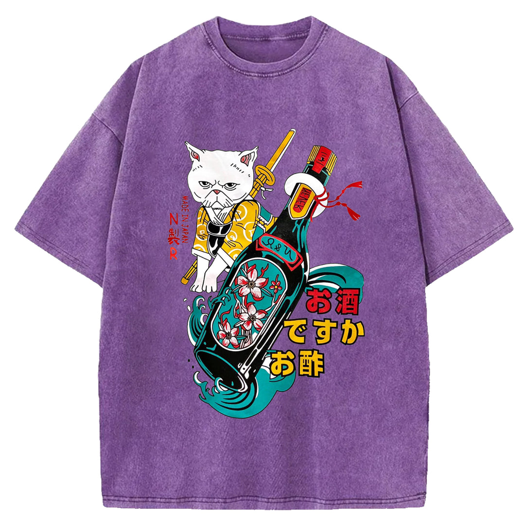 Japanese Cat and Sakura Wine Crew Neck Washed T-Shirt