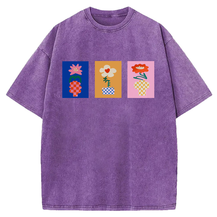 Vintage Flowers Design Washed Crew Neck T-Shirt