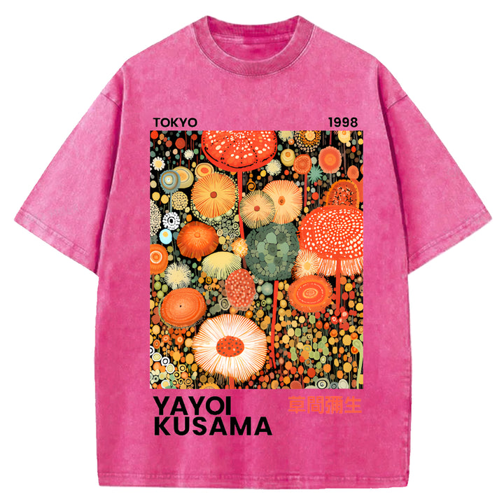 Yayoi Kusama Flower Vintage Design Washed Crew Neck T-Shirt