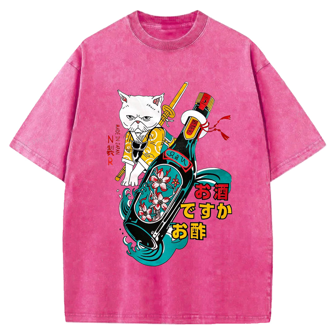 Japanese Cat and Sakura Wine Crew Neck Washed T-Shirt