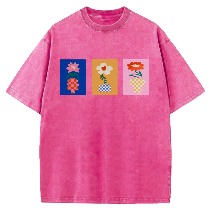 Vintage Flowers Design Washed Crew Neck T-Shirt