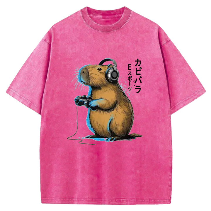 Capybara Video Games Lover Washed Crew Neck T-Shirt