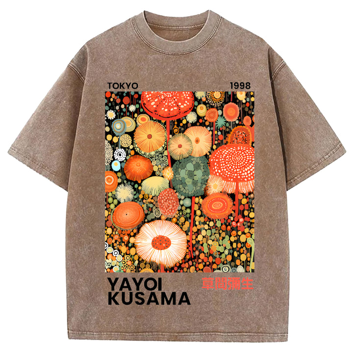 Yayoi Kusama Flower Vintage Design Washed Crew Neck T-Shirt