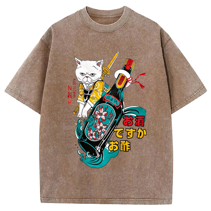 Japanese Cat and Sakura Wine Crew Neck Washed T-Shirt