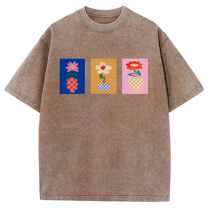 Vintage Flowers Design Washed Crew Neck T-Shirt