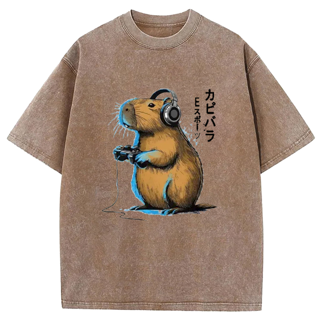 Capybara Video Games Lover Washed Crew Neck T-Shirt