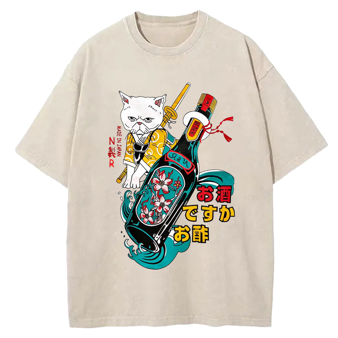 Japanese Cat and Sakura Wine Crew Neck Washed T-Shirt